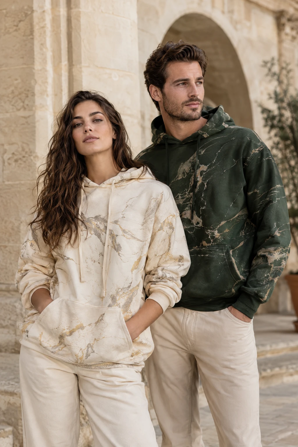 Woman and man modelling the hoodies department