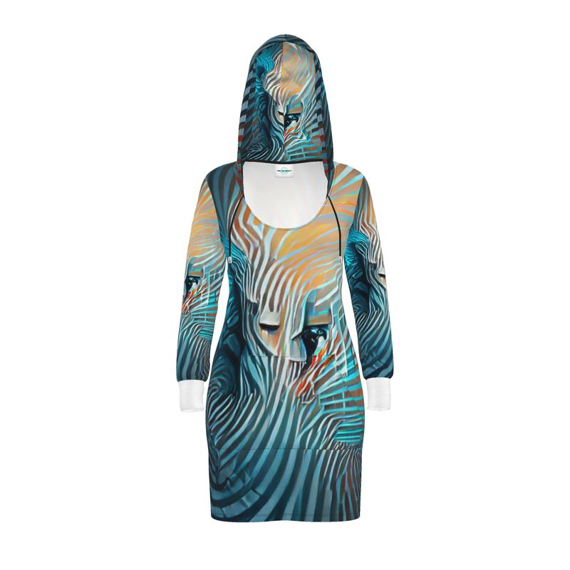 Attraction - Blue Striped Kangaroo Front Pocket, Mini Dress With Long Sleeves, Hooded Dress With Drawstring, Rox Sports Or Ponte Jersey Hoodie Dress