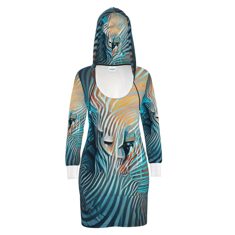 Attraction - Blue Striped Kangaroo Front Pocket, Mini Dress With Long Sleeves, Hooded Dress With Drawstring, Rox Sports Or Ponte Jersey Hoodie Dress