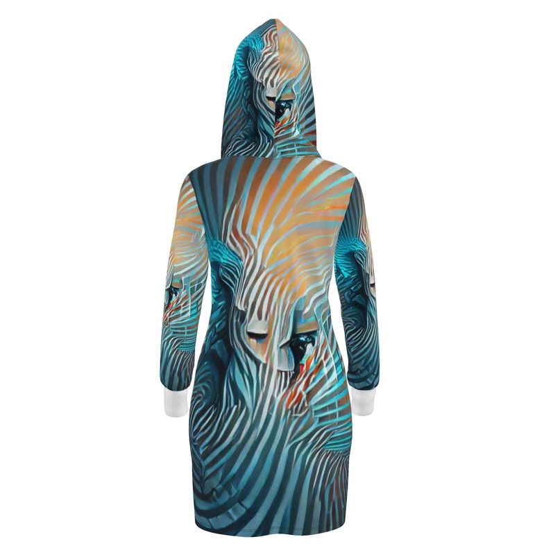 Attraction - Blue Striped Kangaroo Front Pocket, Mini Dress With Long Sleeves, Hooded Dress With Drawstring, Rox Sports Or Ponte Jersey Hoodie Dress