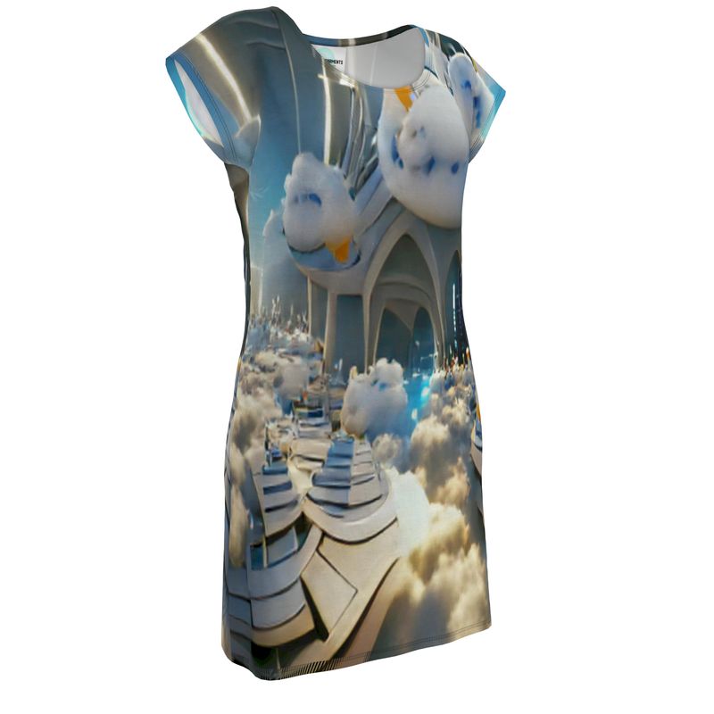 Heavenly Cloud - Blue and White Easily Transform From Casual To Smart, Full Print Ladies Tunic T-Shirt