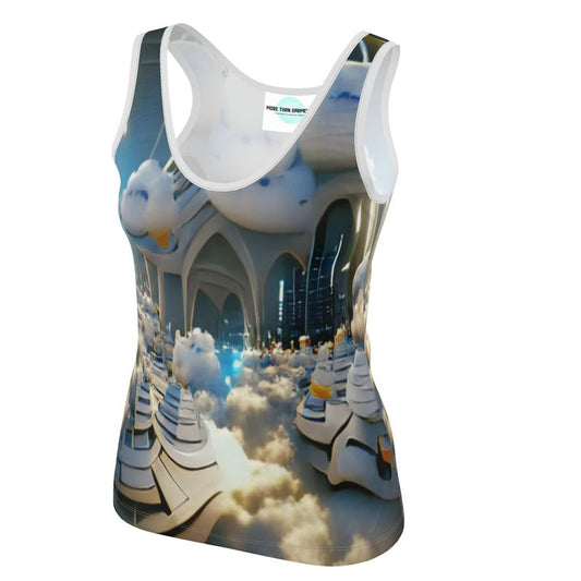 Heavenly Cloud - Blue and White Scoop Neck, Higher At The Back Ladies Vest Top