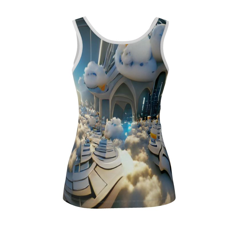 Heavenly Cloud - Blue and White Scoop Neck, Higher At The Back Ladies Vest Top