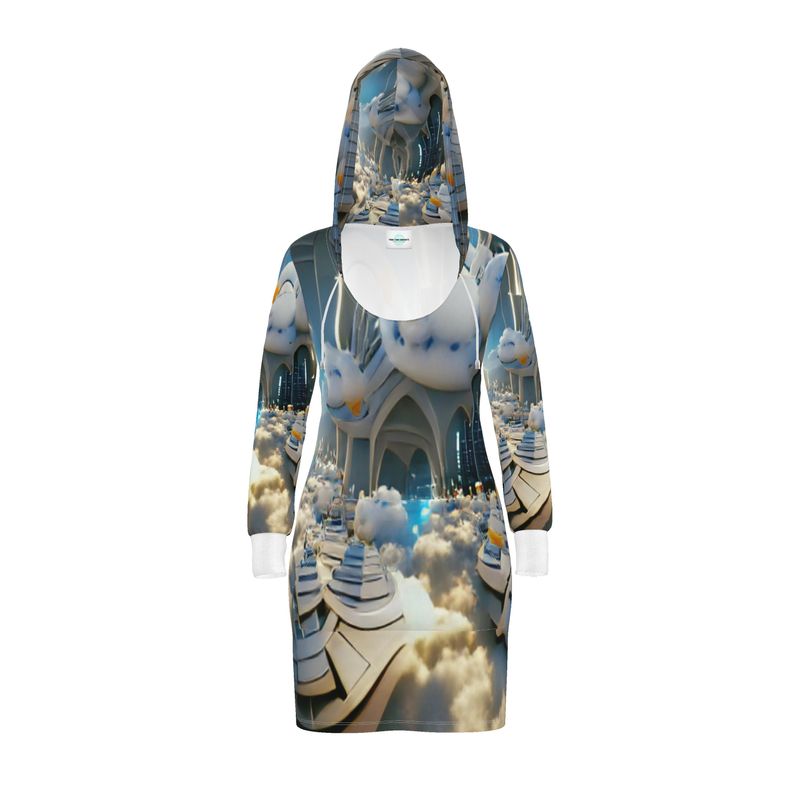 Heavenly Cloud - Blue and White Kangaroo Front Pocket, Mini Dress With Long Sleeves, Hooded Dress With Drawstring, Rox Sports Or Ponte Jersey Hoodie Dress