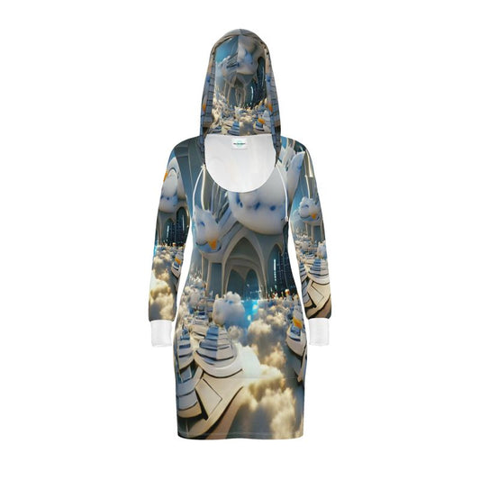 Heavenly Cloud - Blue and White Kangaroo Front Pocket, Mini Dress With Long Sleeves, Hooded Dress With Drawstring, Rox Sports Or Ponte Jersey Hoodie Dress