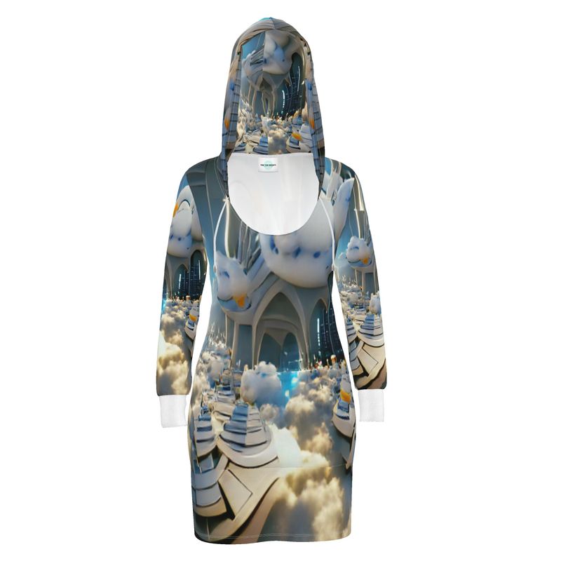 Heavenly Cloud - Blue and White Kangaroo Front Pocket, Mini Dress With Long Sleeves, Hooded Dress With Drawstring, Rox Sports Or Ponte Jersey Hoodie Dress