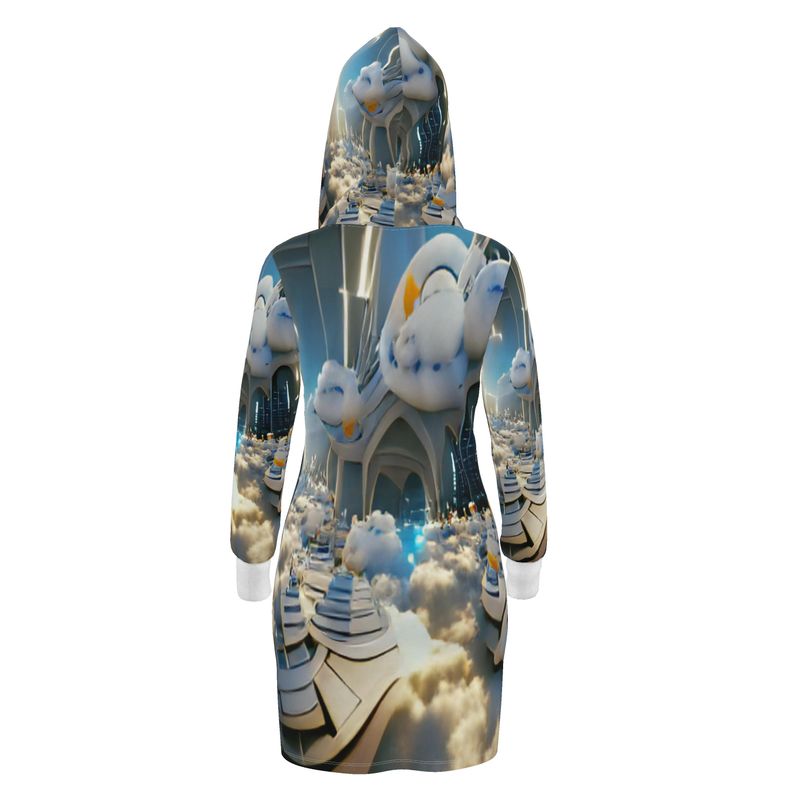 Heavenly Cloud - Blue and White Kangaroo Front Pocket, Mini Dress With Long Sleeves, Hooded Dress With Drawstring, Rox Sports Or Ponte Jersey Hoodie Dress