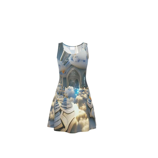 Heavenly Cloud - Blue and White Crush Velour - Stretchy & Shimmery Chain Jersey - Lightweight & Breathable A-Line Skater Dress