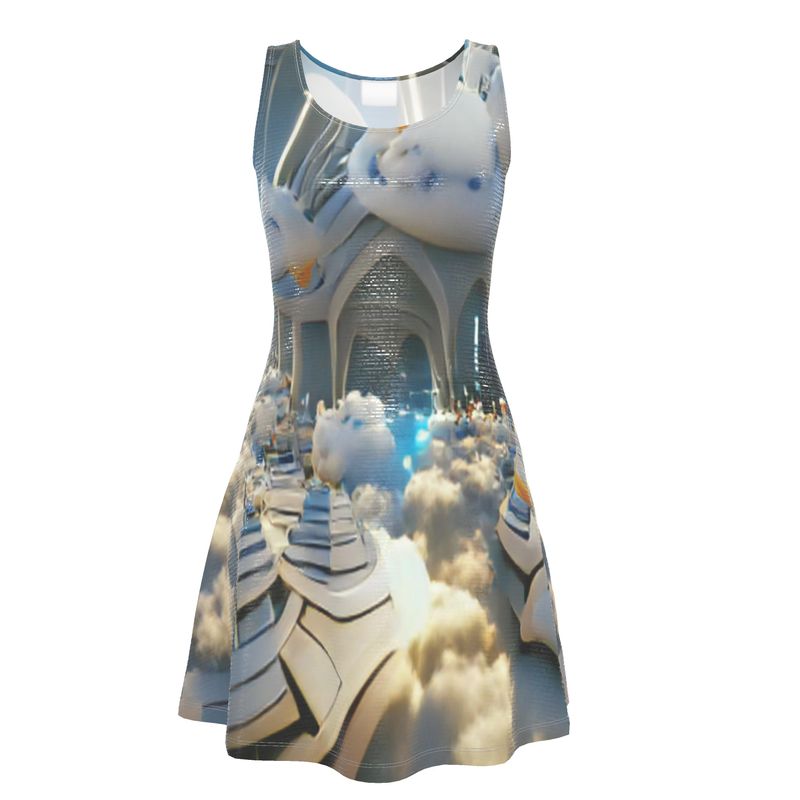 Heavenly Cloud - Blue and White Crush Velour - Stretchy & Shimmery Chain Jersey - Lightweight & Breathable A-Line Skater Dress