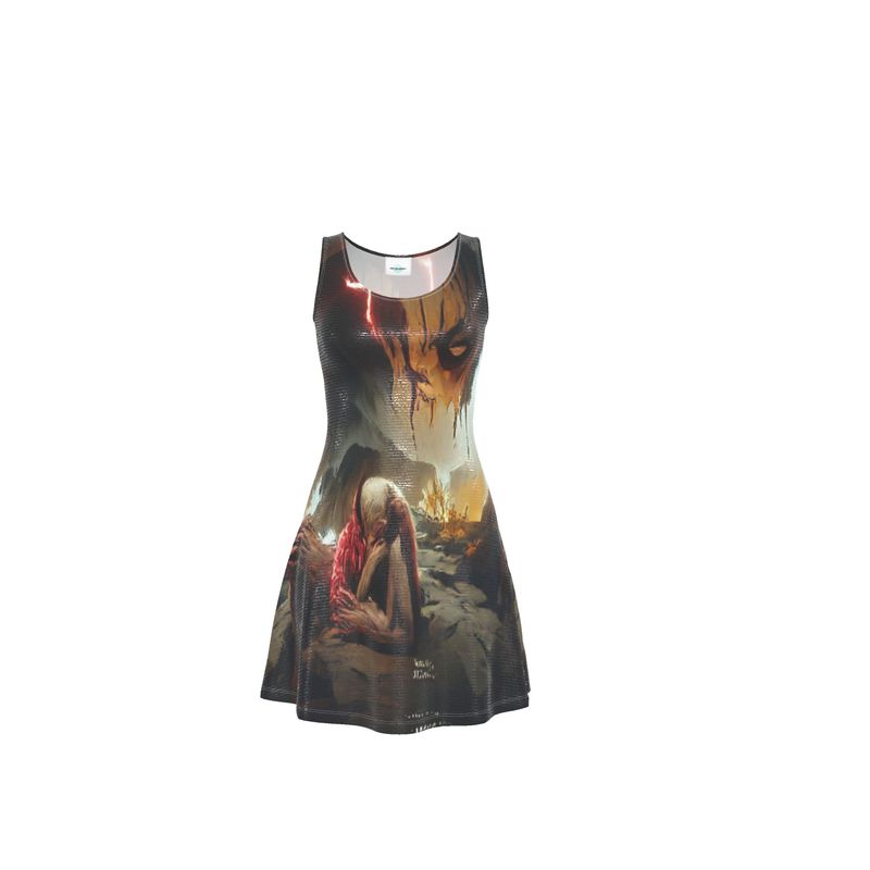 Agony - Black, Red and Brown Crush Velour - Stretchy & Shimmery Chain Jersey - Lightweight & Breathable A-Line Skater Dress