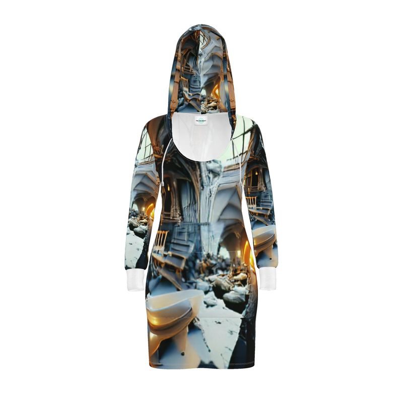 Astonished - Gold Brown & Blue Kangaroo Front Pocket, Mini Dress With Long Sleeves, Hooded Dress With Drawstring, Rox Sports Or Ponte Jersey Hoodie Dress