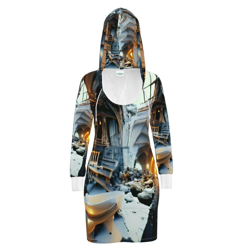 Astonished - Gold Brown & Blue Kangaroo Front Pocket, Mini Dress With Long Sleeves, Hooded Dress With Drawstring, Rox Sports Or Ponte Jersey Hoodie Dress