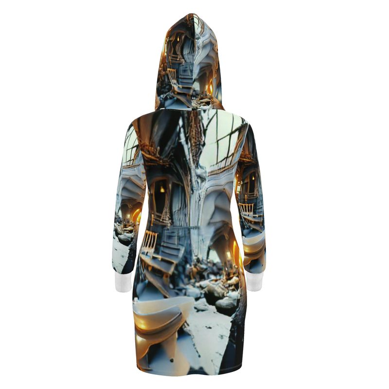 Astonished - Gold Brown & Blue Kangaroo Front Pocket, Mini Dress With Long Sleeves, Hooded Dress With Drawstring, Rox Sports Or Ponte Jersey Hoodie Dress