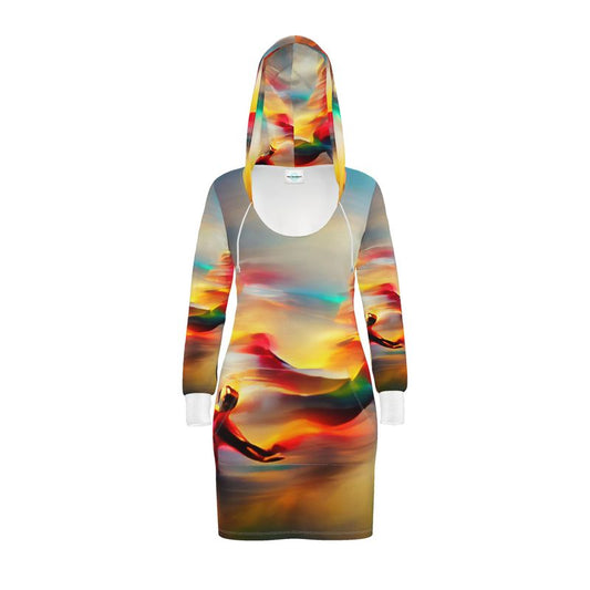 Elation - Red, Green & Yellow Kangaroo Front Pocket, Mini Dress With Long Sleeves, Hooded Dress With Drawstring, Rox Sports Or Ponte Jersey Hoodie Dress