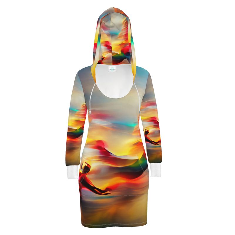 Elation - Red, Green & Yellow Kangaroo Front Pocket, Mini Dress With Long Sleeves, Hooded Dress With Drawstring, Rox Sports Or Ponte Jersey Hoodie Dress