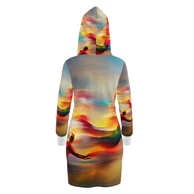 Elation - Red, Green & Yellow Kangaroo Front Pocket, Mini Dress With Long Sleeves, Hooded Dress With Drawstring, Rox Sports Or Ponte Jersey Hoodie Dress