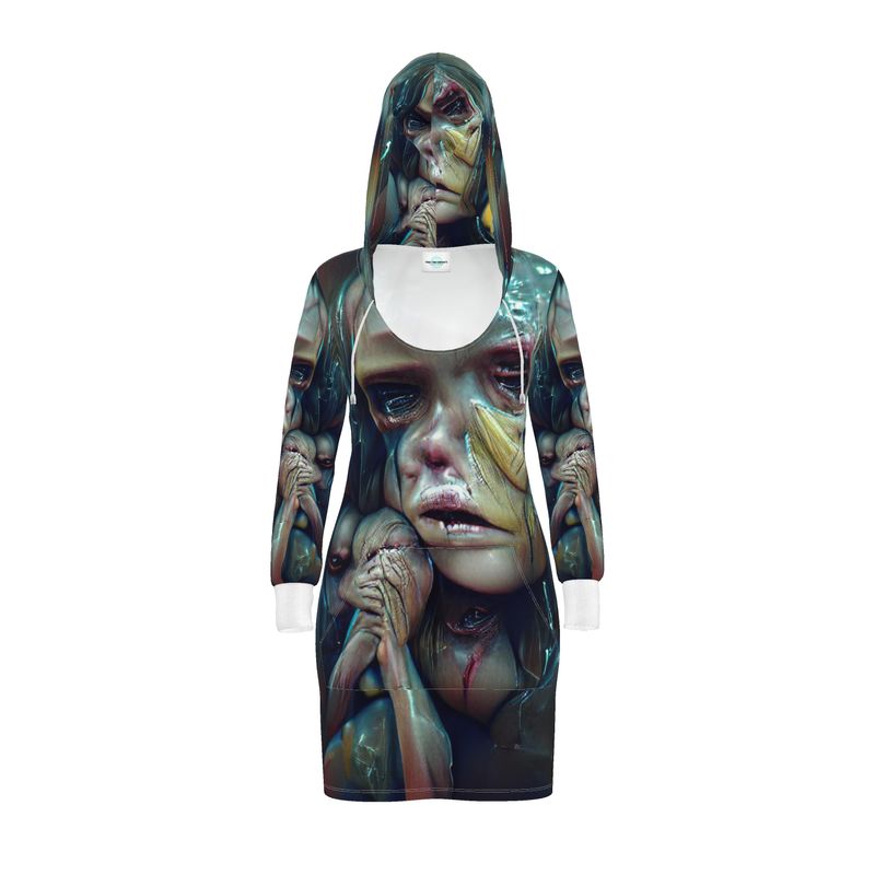 Vulnerable - Graphic Blue & Black Kangaroo Front Pocket, Mini Dress With Long Sleeves, Hooded Dress With Drawstring, Rox Sports Or Ponte Jersey Hoodie Dress