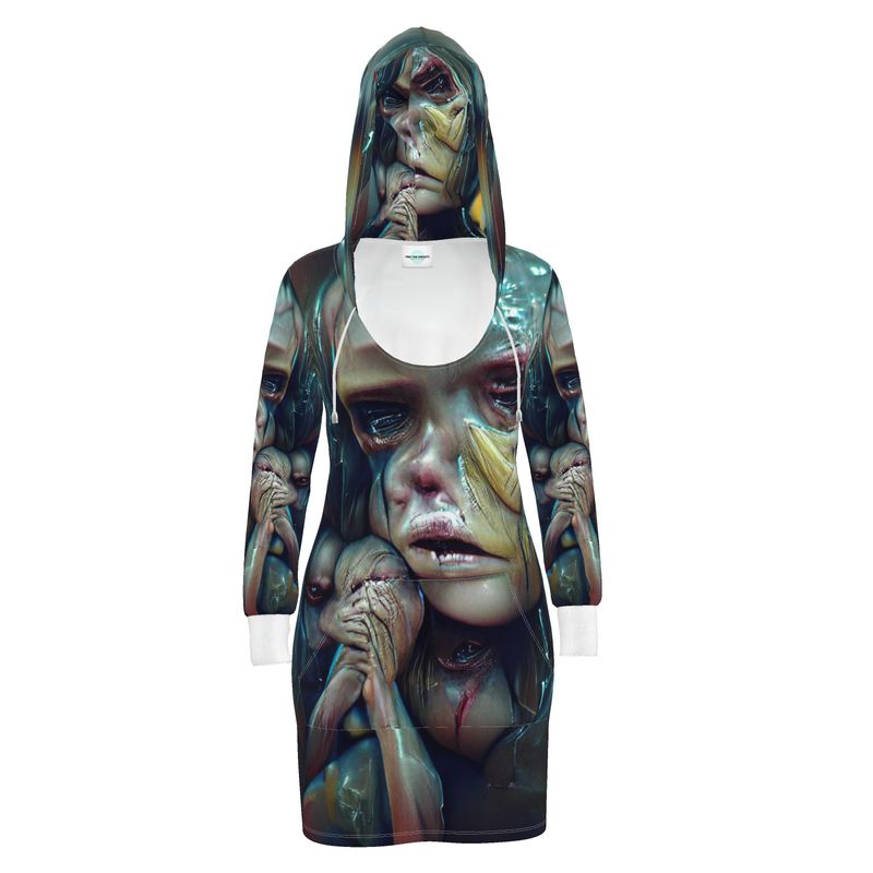 Vulnerable - Graphic Blue & Black Kangaroo Front Pocket, Mini Dress With Long Sleeves, Hooded Dress With Drawstring, Rox Sports Or Ponte Jersey Hoodie Dress