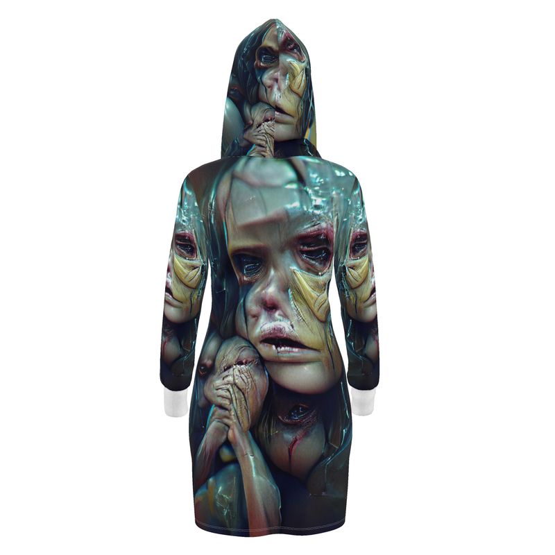 Vulnerable - Graphic Blue & Black Kangaroo Front Pocket, Mini Dress With Long Sleeves, Hooded Dress With Drawstring, Rox Sports Or Ponte Jersey Hoodie Dress