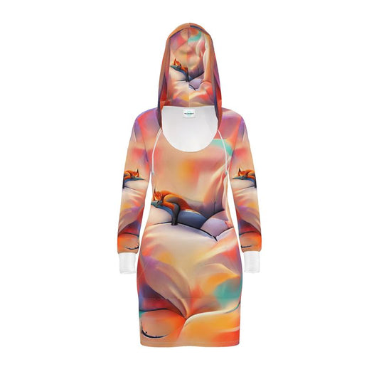 Comfortable - Orange Toned Kangaroo Front Pocket, Mini Dress With Long Sleeves, Hooded Dress With Drawstring, Rox Sports Or Ponte Jersey Hoodie Dress