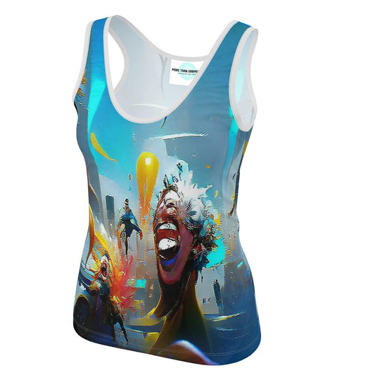 Exuberant - Vibrant Blue, Orange & Red Scoop Neck, Higher At The Back Ladies Vest Top