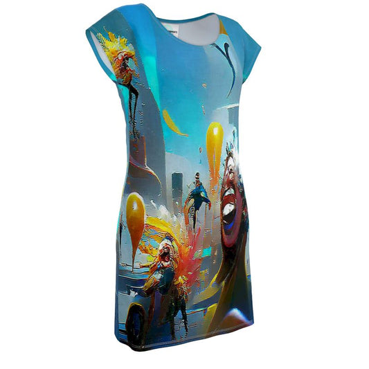 Exuberant - Vibrant Blue, Orange & Red Easily Transform From Casual To Smart, Full Print Ladies Tunic T-Shirt