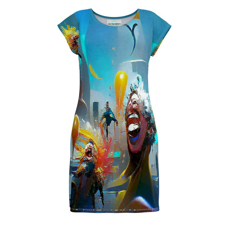 Exuberant - Vibrant Blue, Orange & Red Easily Transform From Casual To Smart, Full Print Ladies Tunic T-Shirt