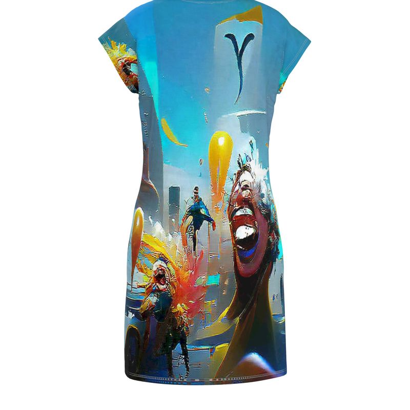 Exuberant - Vibrant Blue, Orange & Red Easily Transform From Casual To Smart, Full Print Ladies Tunic T-Shirt