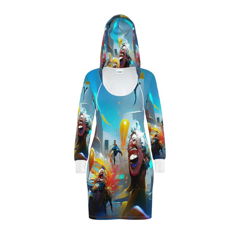 Exuberant - Vibrant Blue, Orange & Red Kangaroo Front Pocket, Mini Dress With Long Sleeves, Hooded Dress With Drawstring, Rox Sports Or Ponte Jersey Hoodie Dress