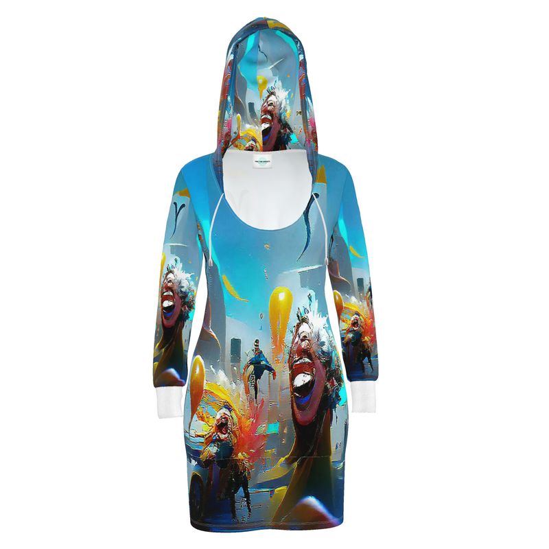 Exuberant - Vibrant Blue, Orange & Red Kangaroo Front Pocket, Mini Dress With Long Sleeves, Hooded Dress With Drawstring, Rox Sports Or Ponte Jersey Hoodie Dress