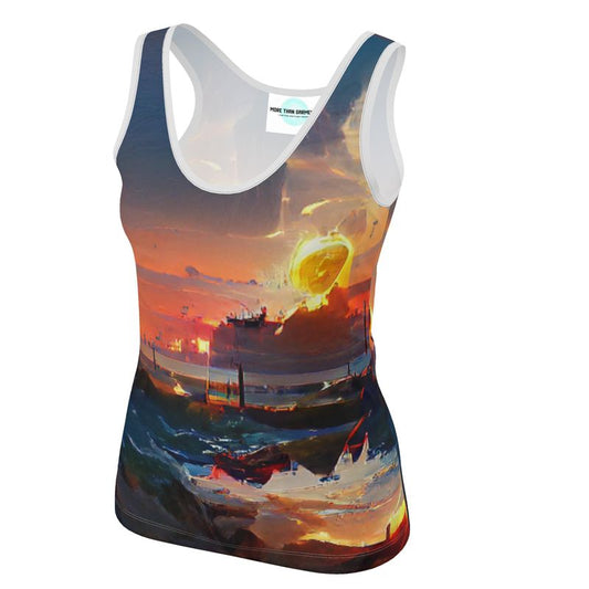 Sunset - Purple, Blue & Orange  Scoop Neck, Higher At The Back Ladies Vest Top