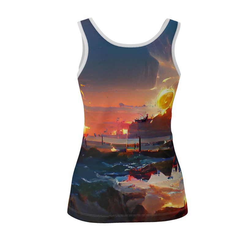 Sunset - Purple, Blue & Orange  Scoop Neck, Higher At The Back Ladies Vest Top