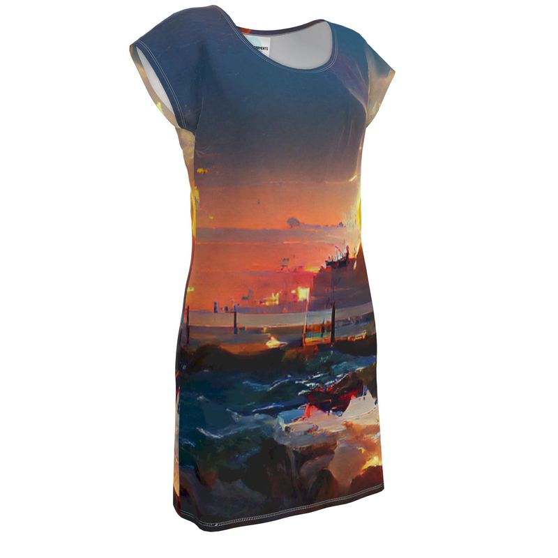 Sunset - Purple, Blue & Orange Easily Transform From Casual To Smart, Full Print Ladies Tunic T-Shirt