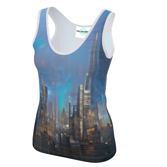 Painting of London - Blue & Black  Scoop Neck, Higher At The Back Ladies Vest Top