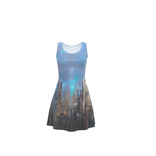 Painting of London - Blue & Black Crush Velour - Stretchy & Shimmery Chain Jersey - Lightweight & Breathable A-Line Skater Dress