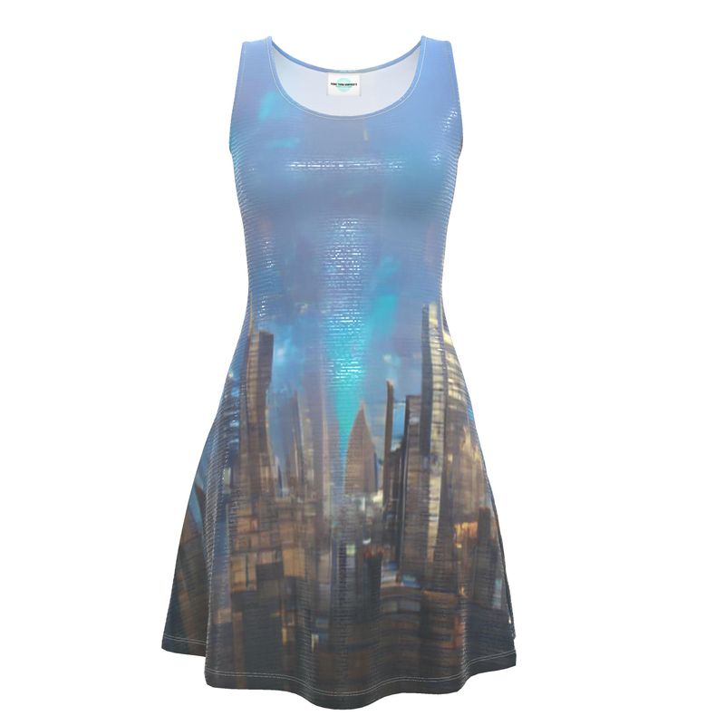 Painting of London - Blue & Black Crush Velour - Stretchy & Shimmery Chain Jersey - Lightweight & Breathable A-Line Skater Dress