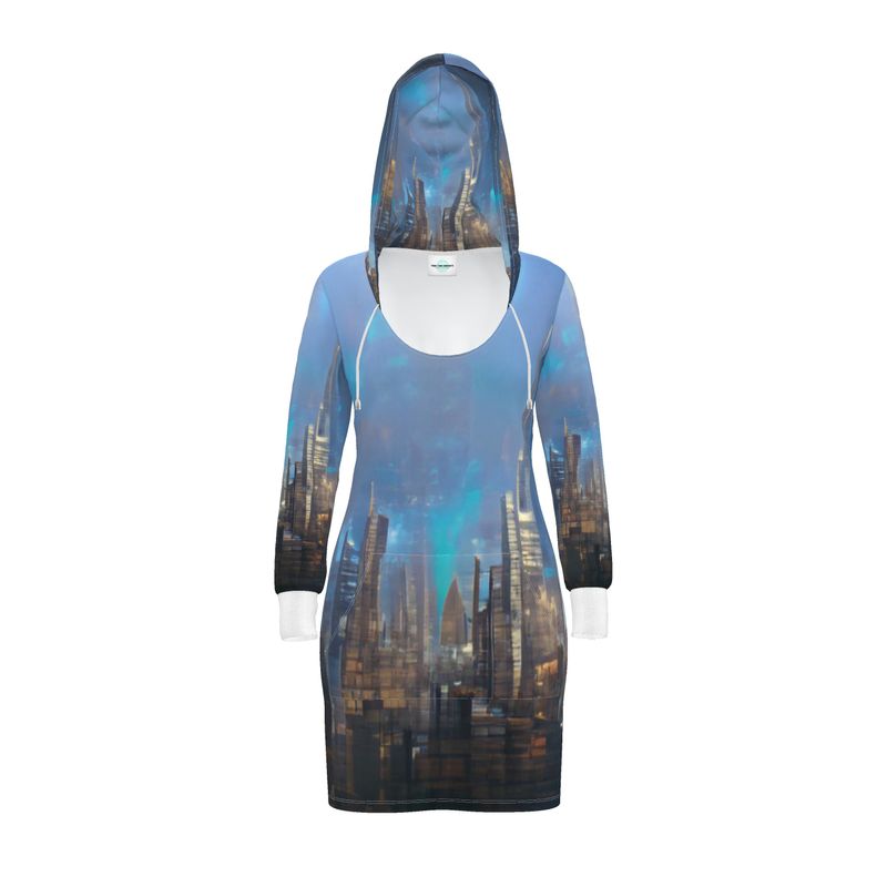 Painting of London - Blue & Black Kangaroo Front Pocket, Mini Dress With Long Sleeves, Hooded Dress With Drawstring, Rox Sports Or Ponte Jersey Hoodie Dress