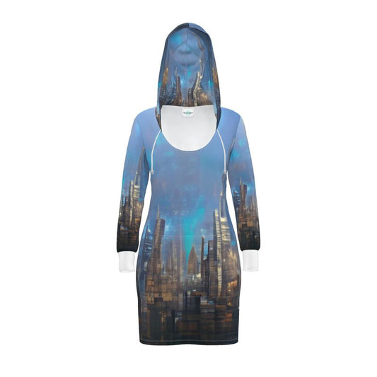 Painting of London - Blue & Black Kangaroo Front Pocket, Mini Dress With Long Sleeves, Hooded Dress With Drawstring, Rox Sports Or Ponte Jersey Hoodie Dress