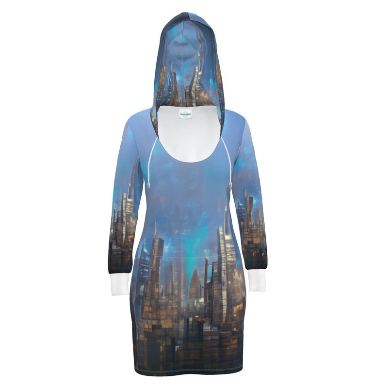 Painting of London - Blue & Black Kangaroo Front Pocket, Mini Dress With Long Sleeves, Hooded Dress With Drawstring, Rox Sports Or Ponte Jersey Hoodie Dress