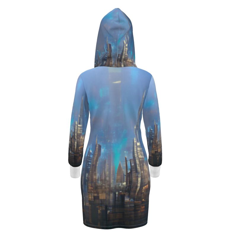 Painting of London - Blue & Black Kangaroo Front Pocket, Mini Dress With Long Sleeves, Hooded Dress With Drawstring, Rox Sports Or Ponte Jersey Hoodie Dress