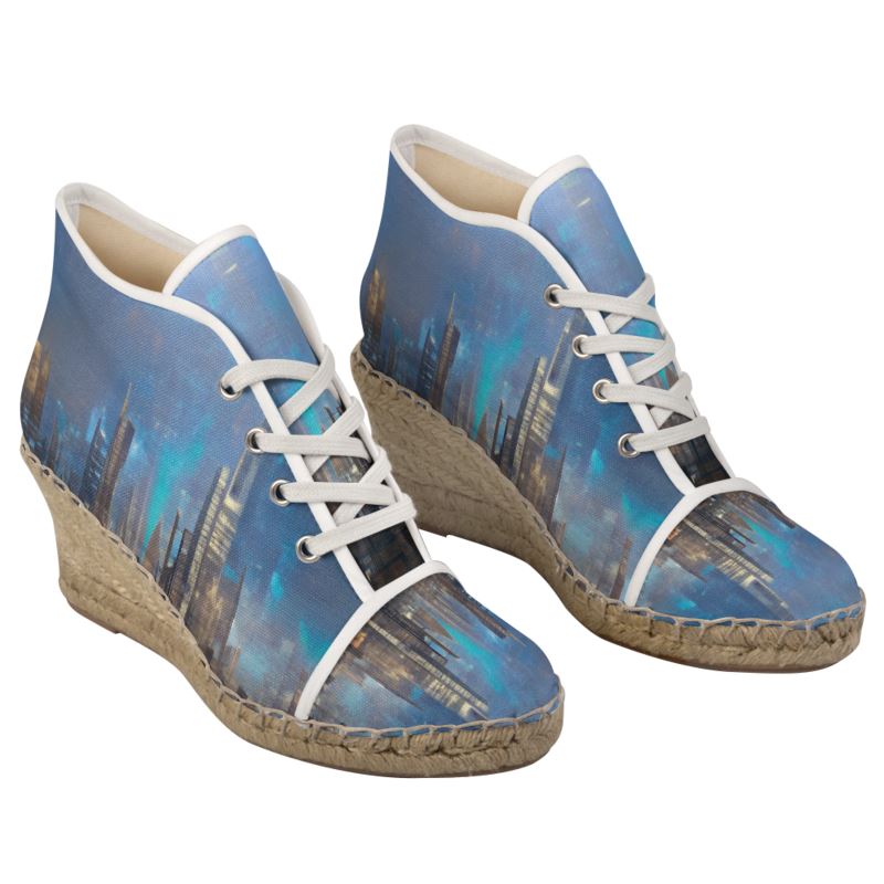 Painting of London - Blue & Black Perfect For Standing Out In The Summer, Stylish Handmade Ladies Wedge Espadrilles