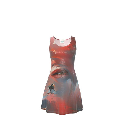 Carefree - Red & Grey Crush Velour - Stretchy & Shimmery Chain Jersey - Lightweight & Breathable A-Line Skater Dress