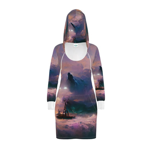 Miserable - Purple & Black Kangaroo Front Pocket, Mini Dress With Long Sleeves, Hooded Dress With Drawstring, Rox Sports Or Ponte Jersey Hoodie Dress