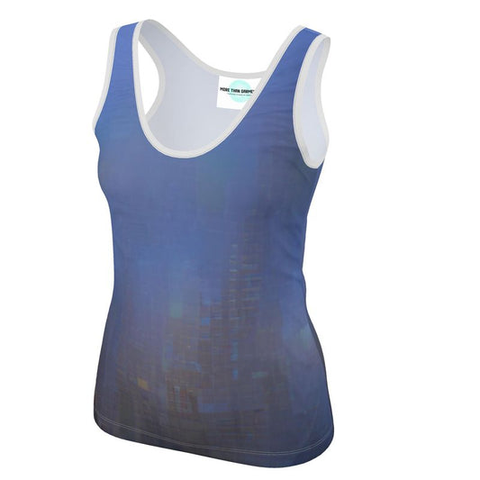 Foggy Painting of London - Dark Blue Scoop Neck, Higher At The Back Ladies Vest Top