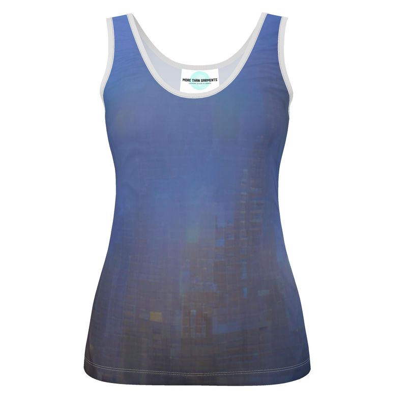 Foggy Painting of London - Dark Blue Scoop Neck, Higher At The Back Ladies Vest Top