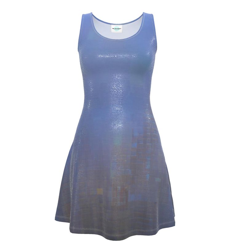 Foggy Painting of London - Dark Blue Crush Velour - Stretchy & Shimmery Chain Jersey - Lightweight & Breathable A-Line Skater Dress