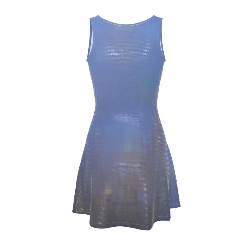 Foggy Painting of London - Dark Blue Crush Velour - Stretchy & Shimmery Chain Jersey - Lightweight & Breathable A-Line Skater Dress