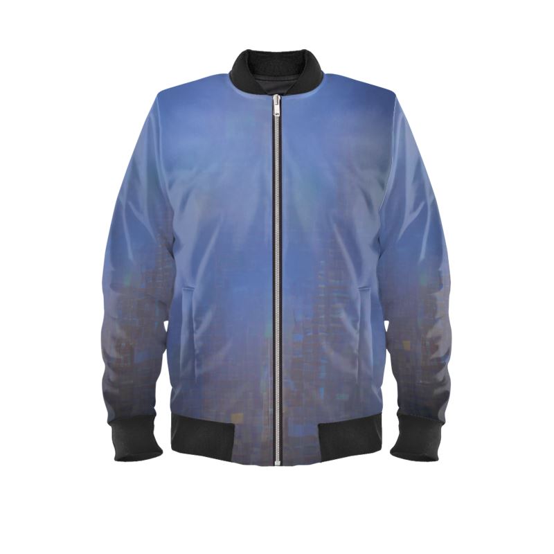 Foggy Painting of London - Dark Blue Different Ribbing Colour Options, Satin Or Quilted Lining, Waterproof, Satin, Velvet Or Jersey Ladies Bomber Jacket