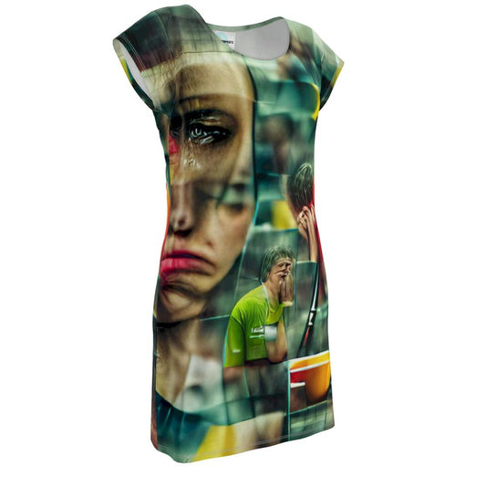 Disheartened - Red, Green & Yellow Easily Transform From Casual To Smart, Full Print Ladies Tunic T-Shirt