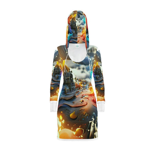 Iridescent - Multicoloured Kangaroo Front Pocket, Mini Dress With Long Sleeves, Hooded Dress With Drawstring, Rox Sports Or Ponte Jersey Hoodie Dress